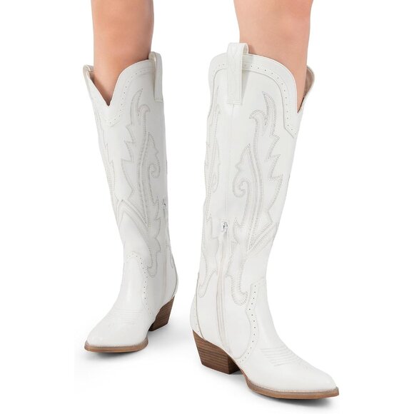 Women's White Comfortable Chunky Heel Embroidered Western Retro Knee High Boot - Picture 5 of 9